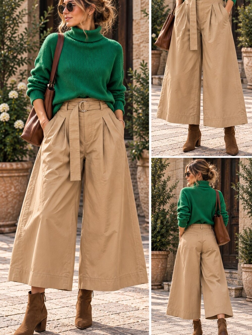 Anthropologie Beige Paperbag-Waist Wide-Leg Capris with Ring Belt